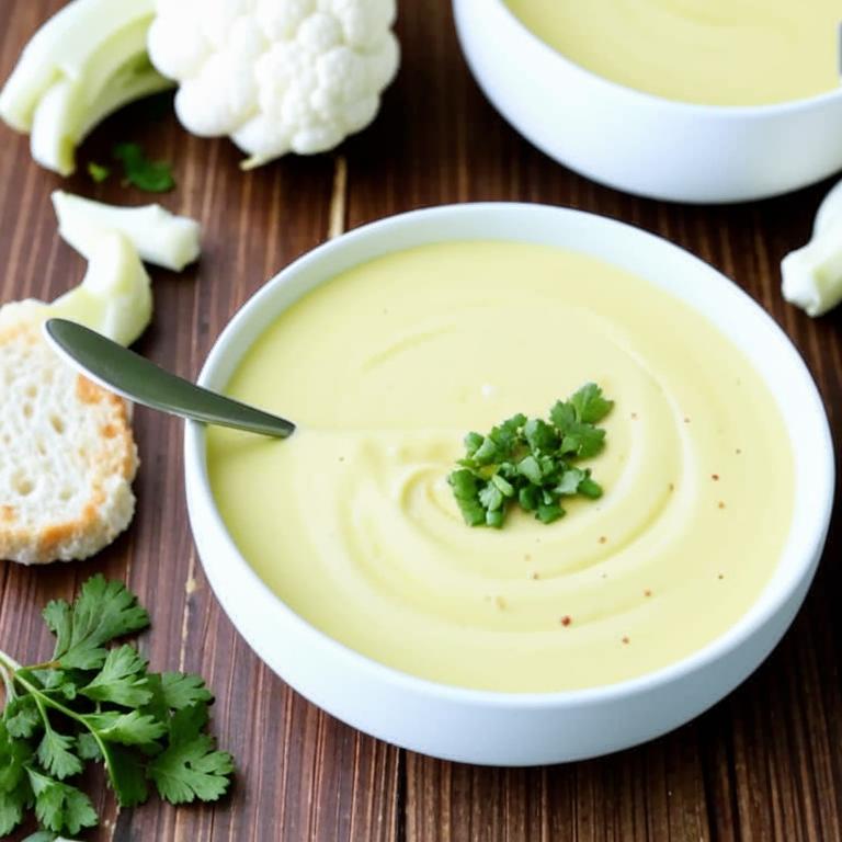 Pale cauliflower soup in white bowls with bread, herbs and cauliflower nearby