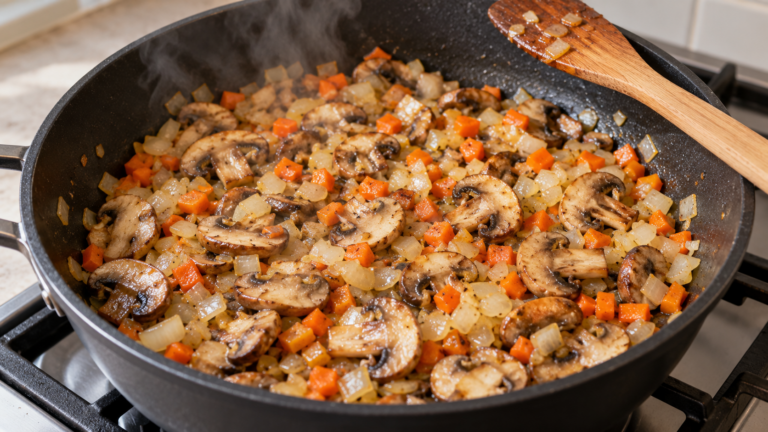 Sliced mushrooms cooking with onion and carrot in a frying pan